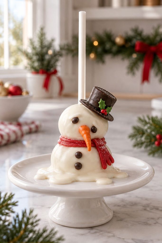 White cake pop styled as a slumped, melting snowman with a drizzle puddle