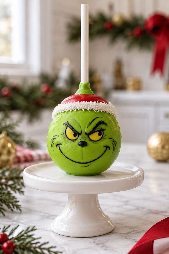 Bright green cake pop with a sly grin painted on in white and black
