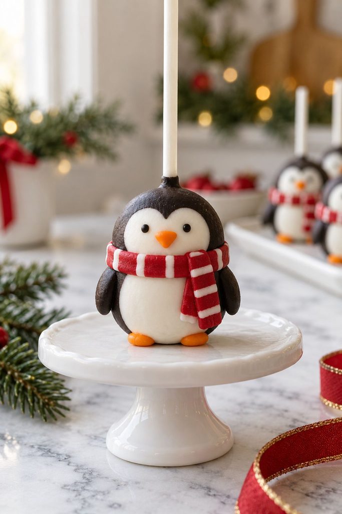 Black and white penguin cake pop wearing a striped red scarf