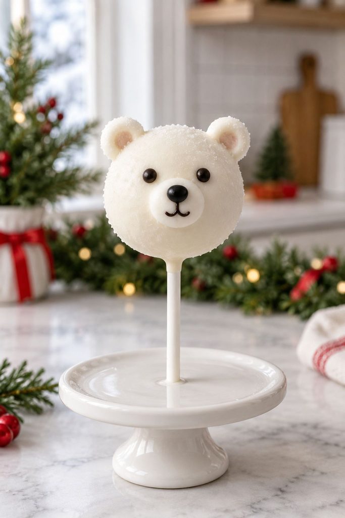White cake pop shaped to look like a polar bear's face