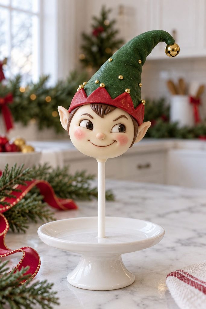 Cake pop with a tall pointed green elf hat tilted to one side