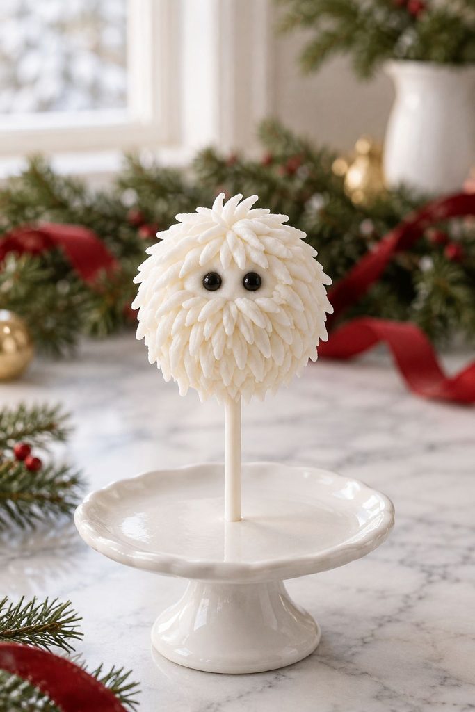 White cake pop textured with pulled fondant tufts to mimic fur, styled as a yeti