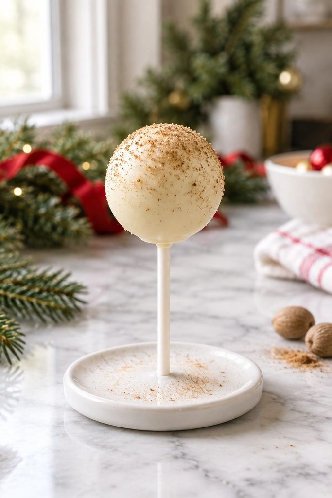Ivory eggnog cake pop dusted with ground nutmeg