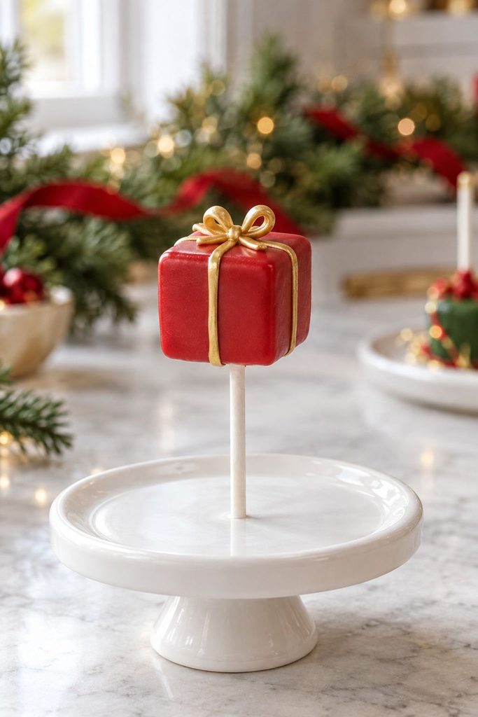 Cake pop shaped and iced flat to look like a wrapped square present with a bow