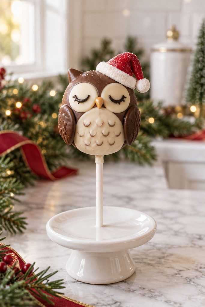 Brown and white owl cake pop with closed sleepy eyes and a tiny Santa hat