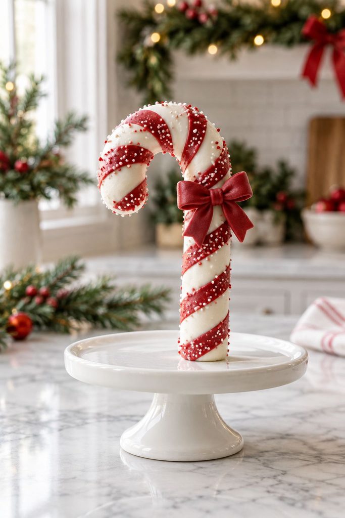 Cake pop bent and dipped into a red and white striped candy cane shape
