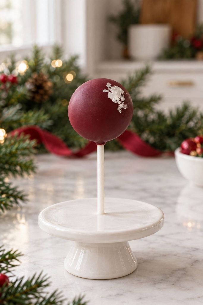Matte burgundy cake pop with a small piece of silver leaf placed off-center