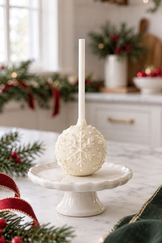 Ivory cake pop with a subtle embossed snowflake pattern, tone on tone