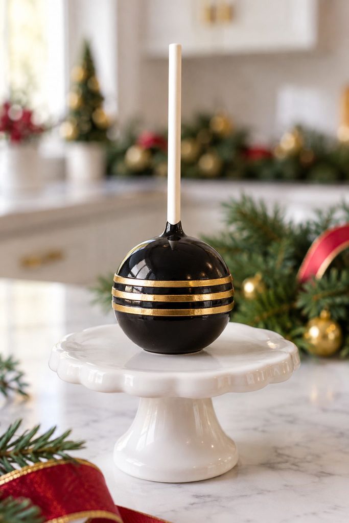 Glossy black cake pop with three thin parallel gold stripes