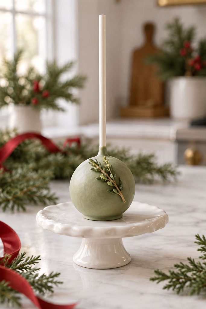 Muted sage green cake pop with a sprig of dried herb near the top