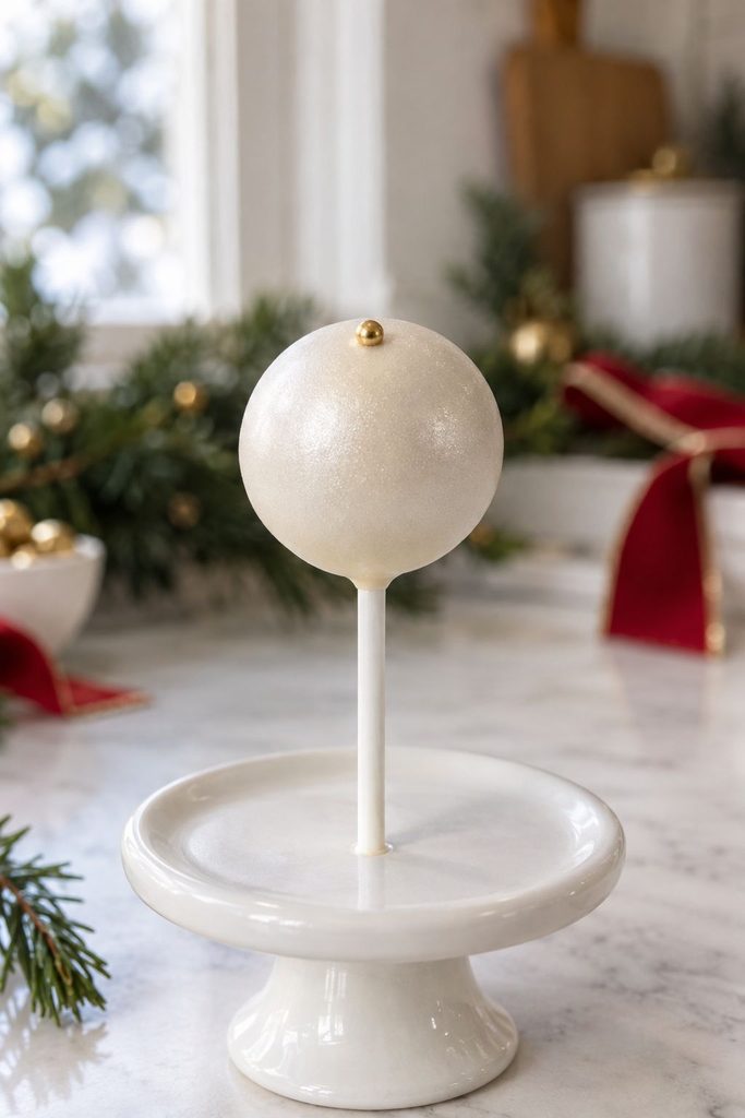 Pearlescent white cake pop with a single small gold dot at the top center