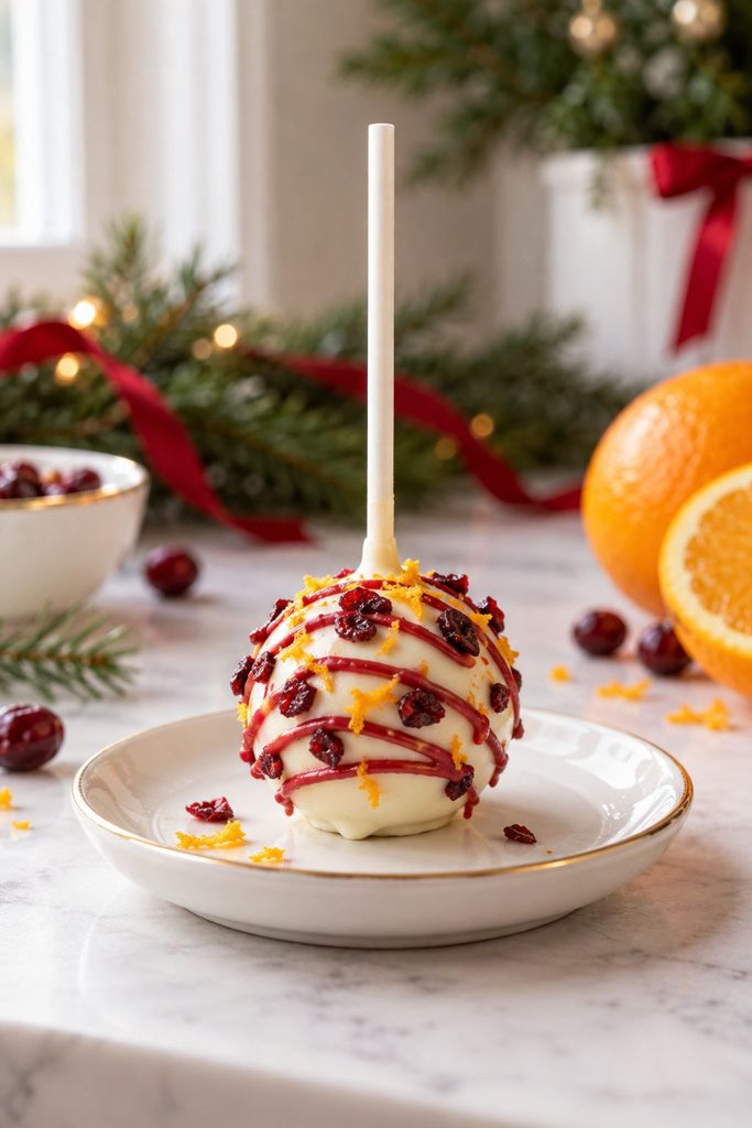 White chocolate cake pop with ruby red drizzle, dried cranberry, and orange zest