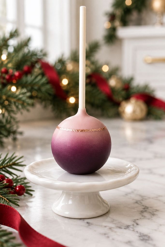 Cake pop in a plum to blush ombre gradient with a painted rose gold edge