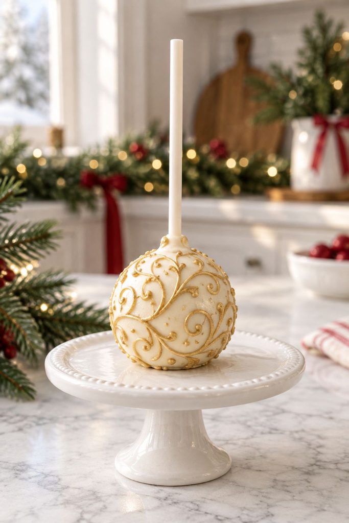 Cream colored cake pop hand piped with fine gold filigree swirls