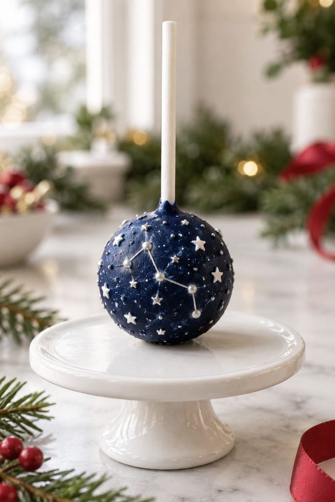 Deep navy cake pop scattered with white and silver dots like a night sky