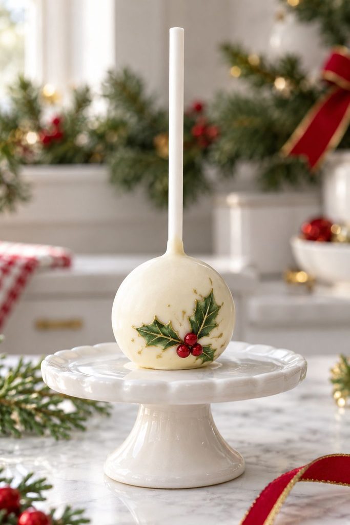 Off-white cake pop with hand-painted holly leaves and red berries