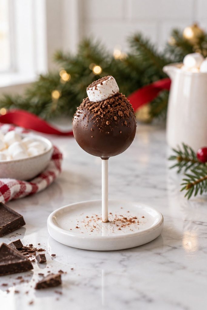 Dark chocolate cake pop topped with a mini marshmallow, styled like hot cocoa