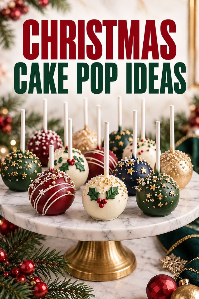 Full spread of assorted decorated Christmas cake pops arranged together