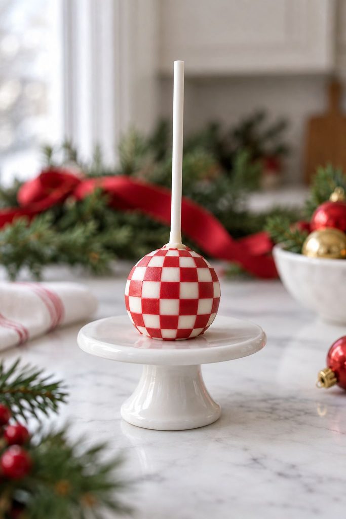 Cake pop hand painted with a red and white checkerboard pattern