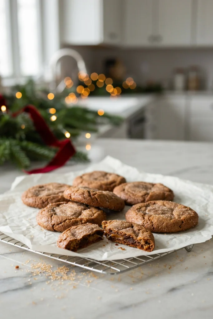 Crackled molasses cookies rolled in sugar with deep golden brown color, cooling on parchment paper