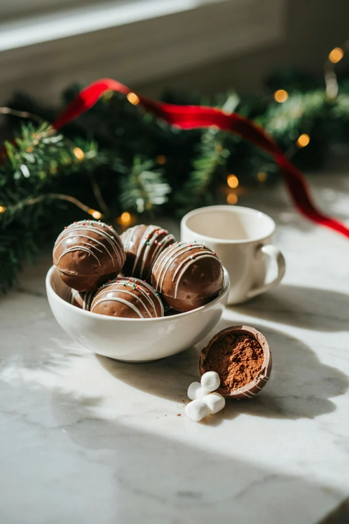 Round chocolate spheres filled with cocoa powder and mini marshmallows, decorated with drizzle and sprinkles