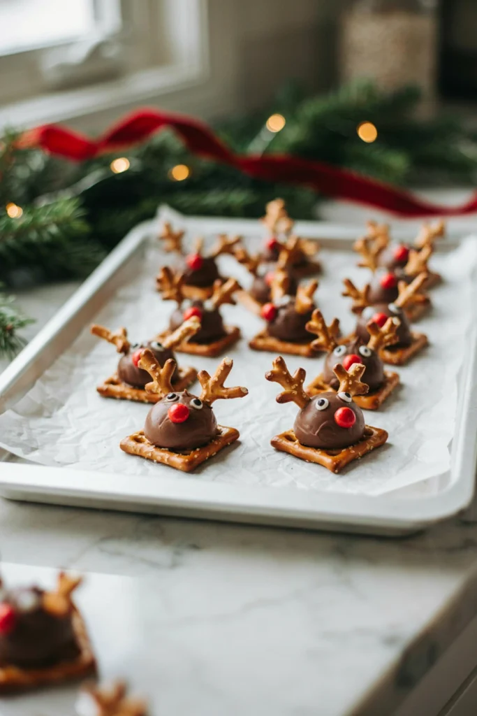 Pretzel snaps topped with a chocolate Hershey's kiss, pretzel antlers, candy eyes, and a red nose