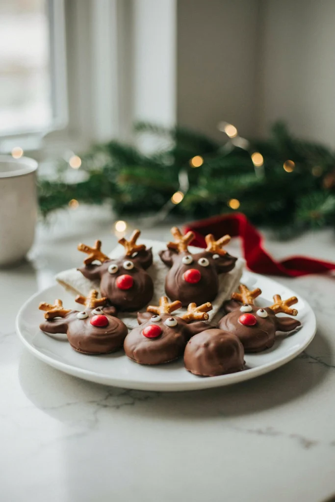 Oreos dipped in milk chocolate decorated with pretzel antlers, candy eyes, and a red M&M nose to look like reindeer faces