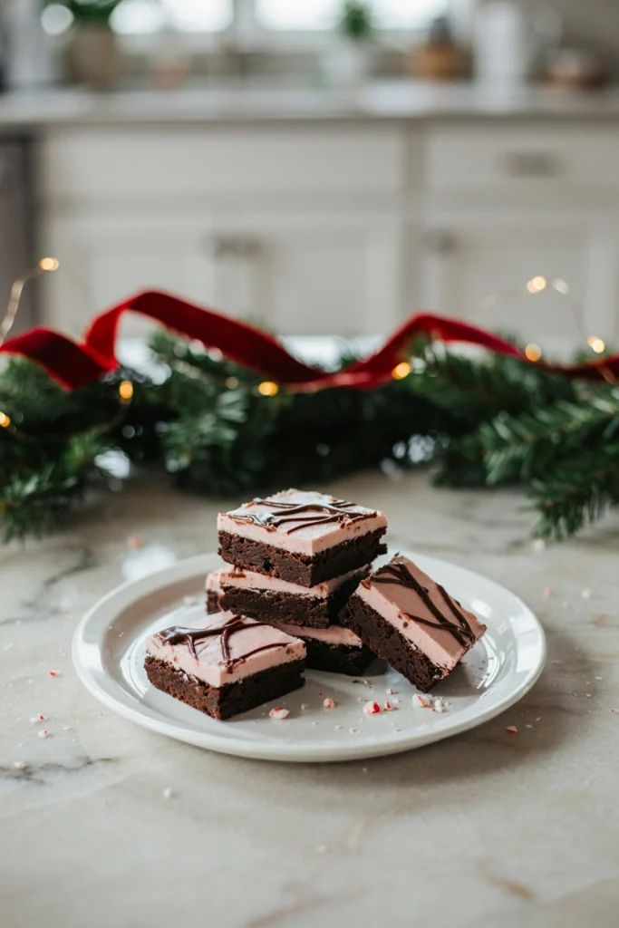 Fudgy brownies topped with a layer of peppermint frosting and a chocolate ganache drizzle, cut into squares
