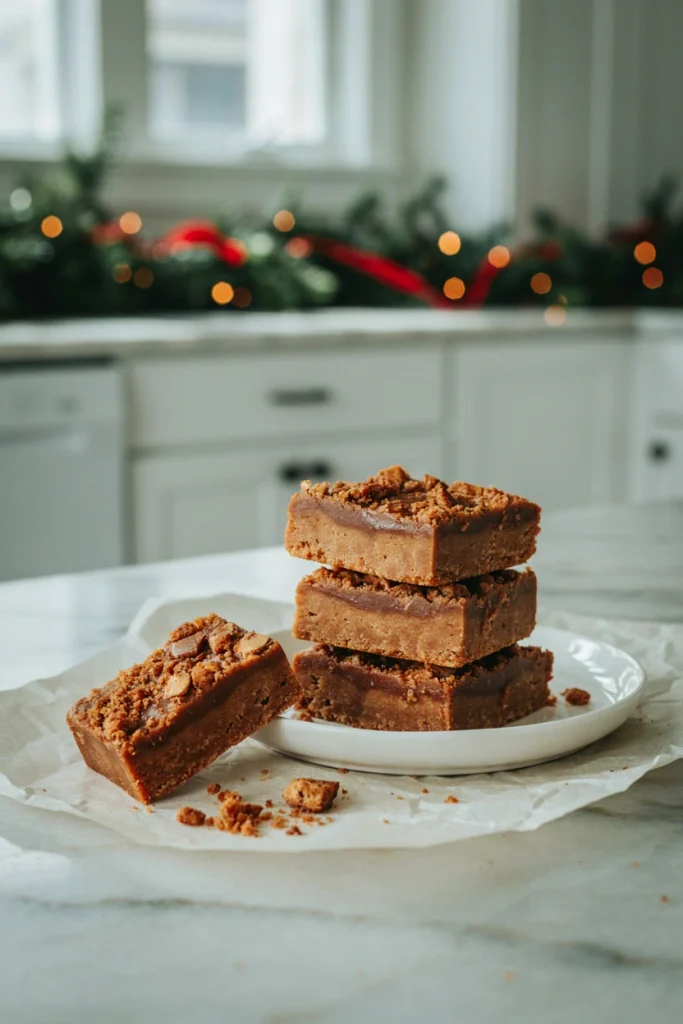 Golden brown spiced fudge topped with crushed gingersnap cookies, cut into squares