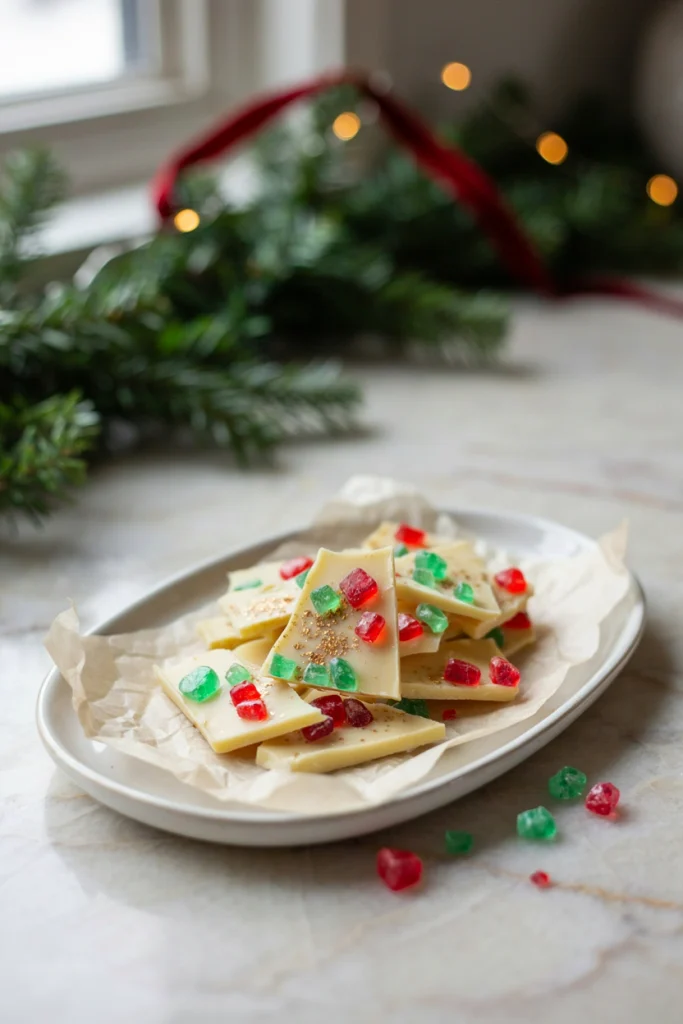 White chocolate bark studded with red and green rock candy pieces and gold sanding sugar, broken into shards