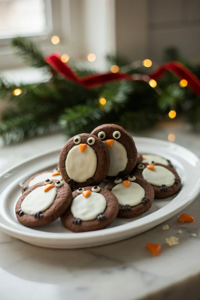 Chocolate cookies decorated with white frosting bellies, candy eyes, and an orange candy beak to look like penguins
