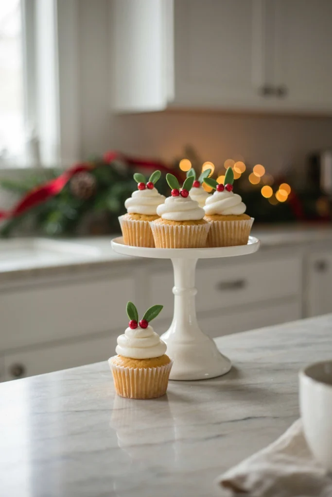 White frosted cupcakes decorated with a small piped green sprig and two red berries to resemble mistletoe