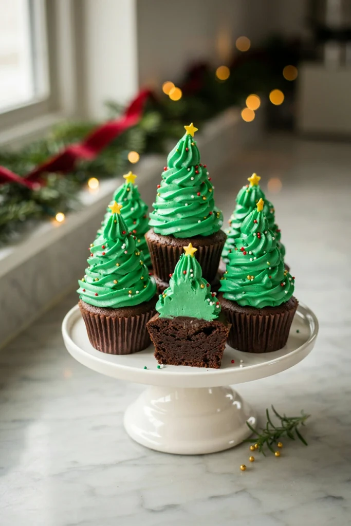 Brownie cups topped with a swirl of green buttercream piped to look like a Christmas tree, decorated with tiny sprinkle ornaments