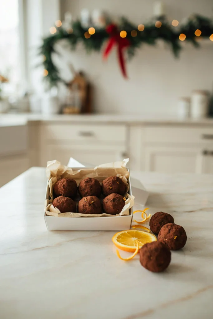 Dark chocolate truffles rolled in cocoa powder with a hint of orange zest visible, arranged in a gift box