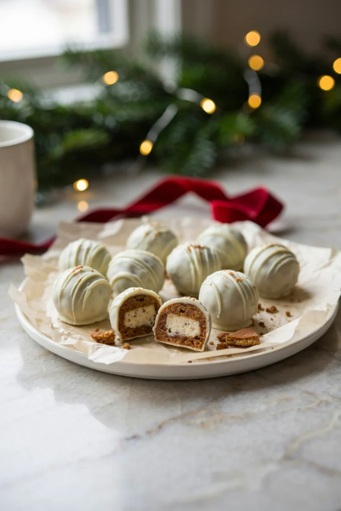 Round gingerbread truffles dipped in white chocolate with a drizzle and cinnamon dusting, on a festive plate