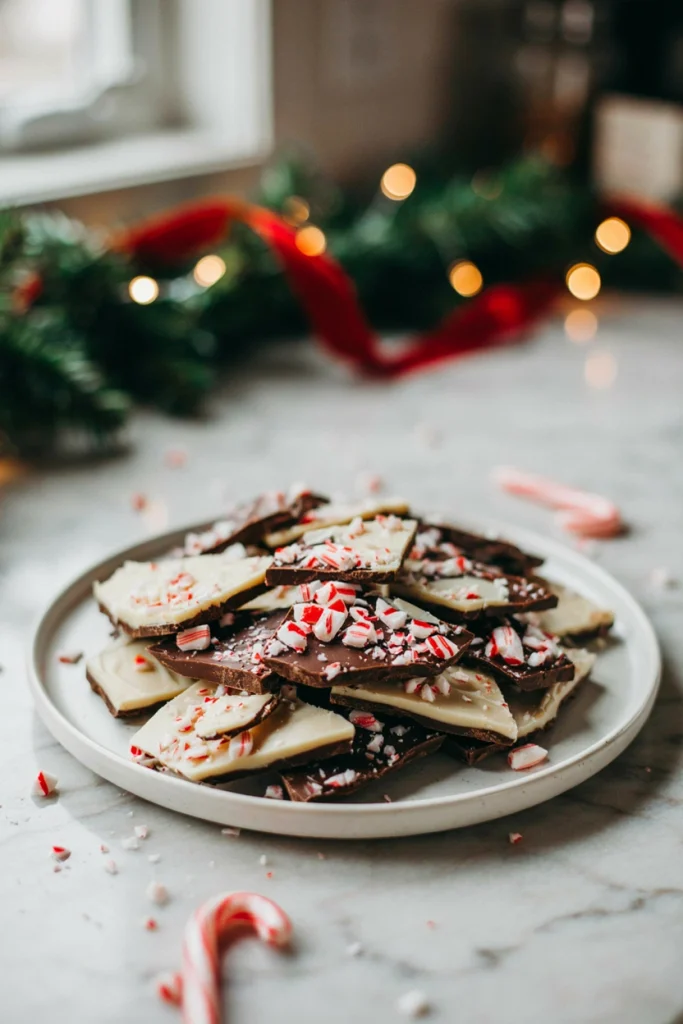 Two-tone dark and white chocolate bark studded with crushed candy canes, broken into jagged pieces