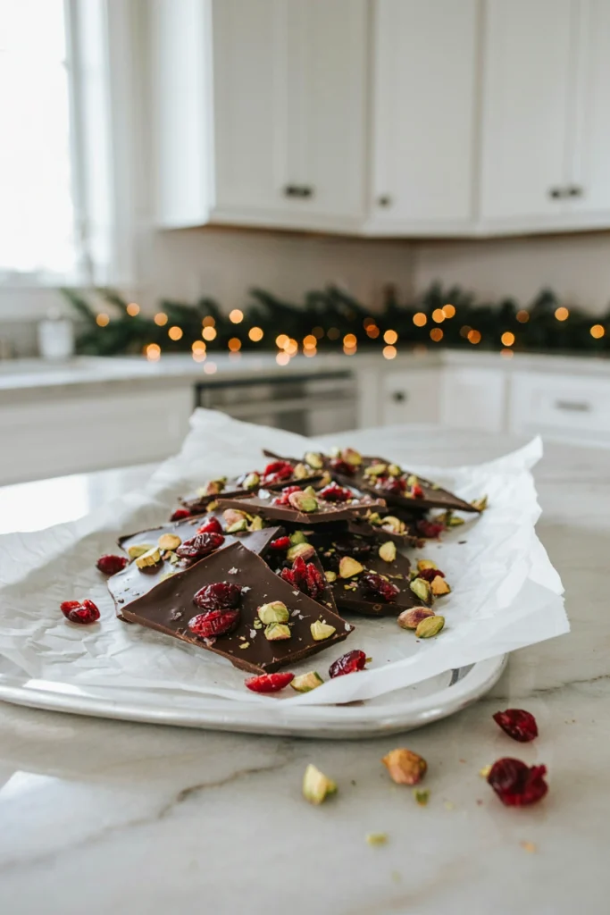 A sheet of dark chocolate bark studded with dried cranberries and chopped pistachios, broken into pieces