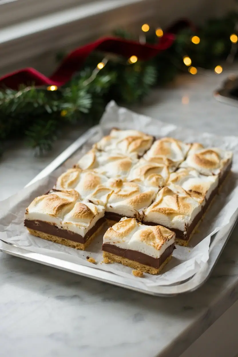 Layered bars with graham cracker crust, chocolate, and toasted marshmallow top, cut into squares