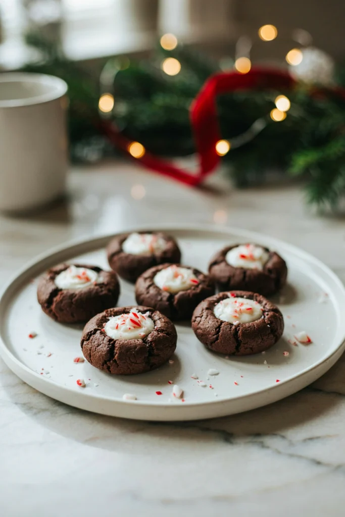 Chocolate thumbprint cookies with a pool of white chocolate ganache in the center, topped with crushed candy cane