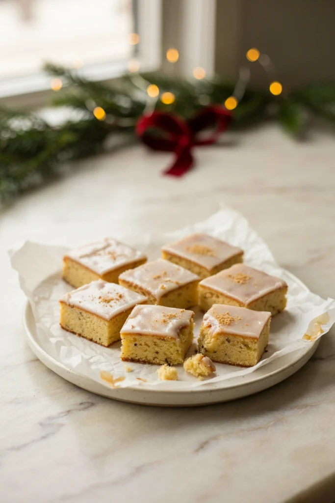 Soft eggnog spiced cake bars with a nutmeg glaze, cut into squares on parchment