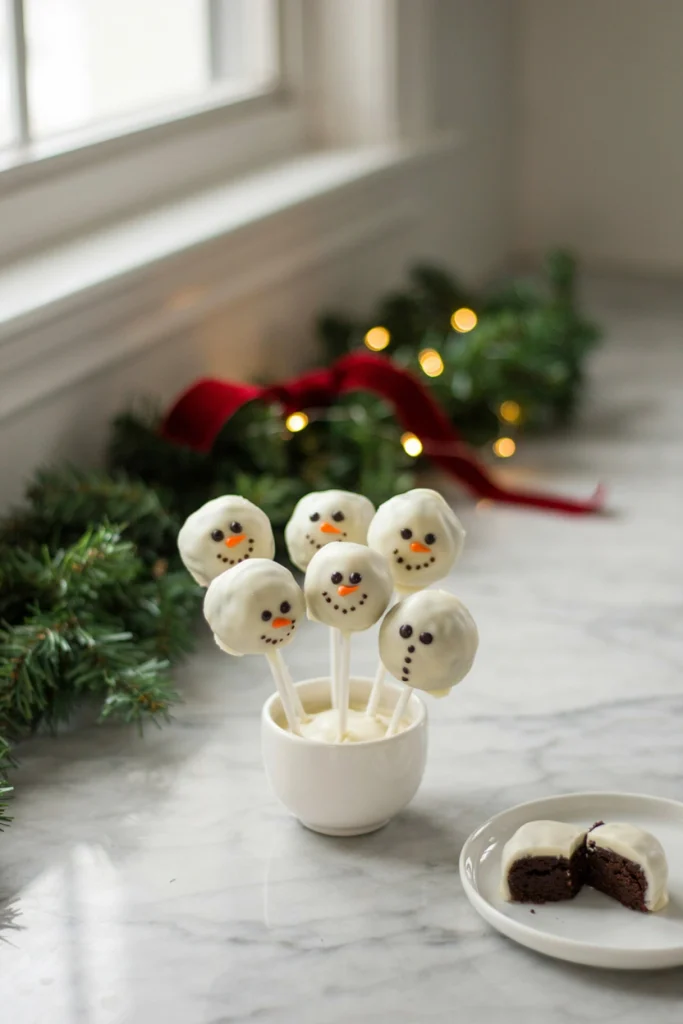 Round brownie balls on sticks decorated with white frosting, candy eyes, and an orange candy nose to look like snowman heads
