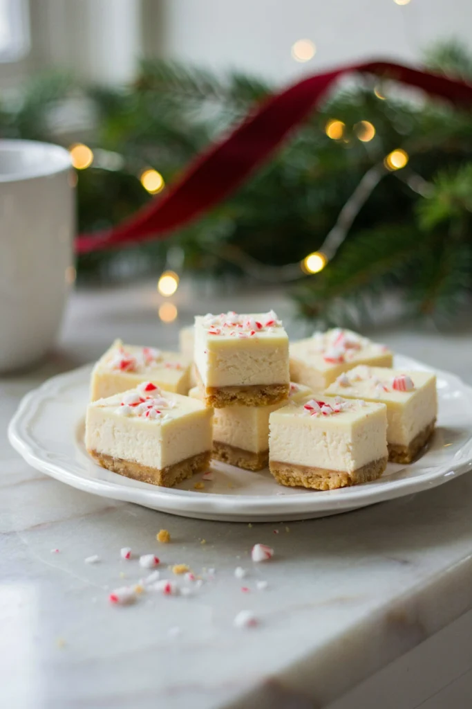 Bite-sized cheesecake squares dipped in white chocolate and crushed peppermint, arranged on a platter