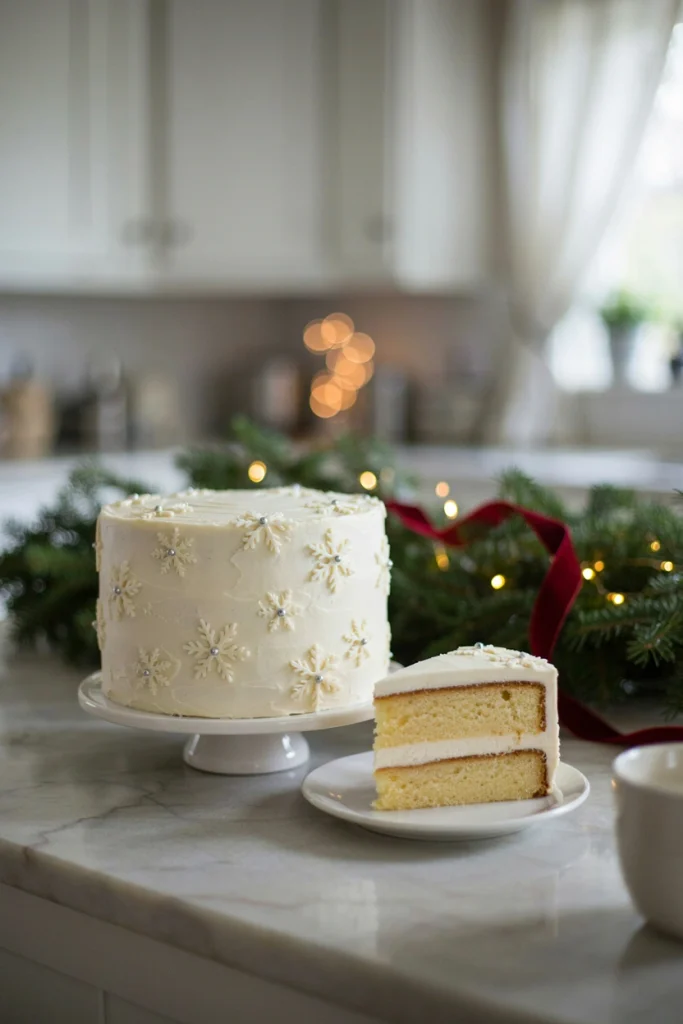 A white frosted layer cake decorated with piped white snowflake patterns and silver dragées