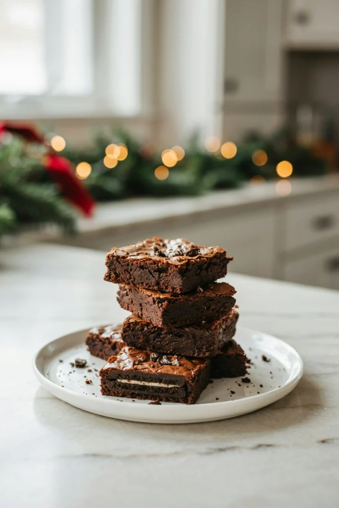 Fudgy brownies with a whole Oreo cookie baked into the base of each square, dusted with crushed Oreo crumbs