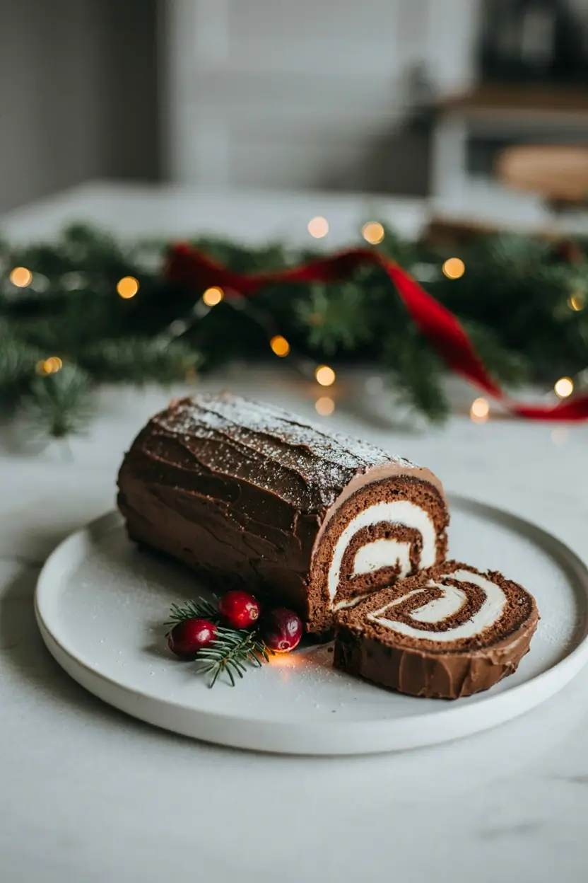 A rolled chocolate sponge cake filled with whipped cream, covered in chocolate buttercream textured to look like bark, dusted with powdered sugar snow