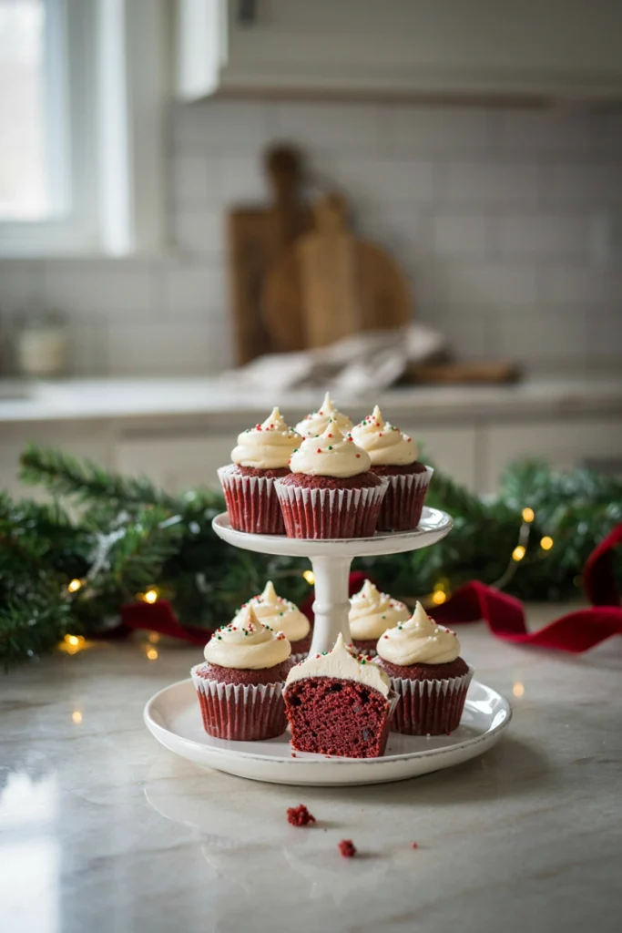 Red velvet cupcakes topped with swirled cream cheese frosting and holiday sprinkles