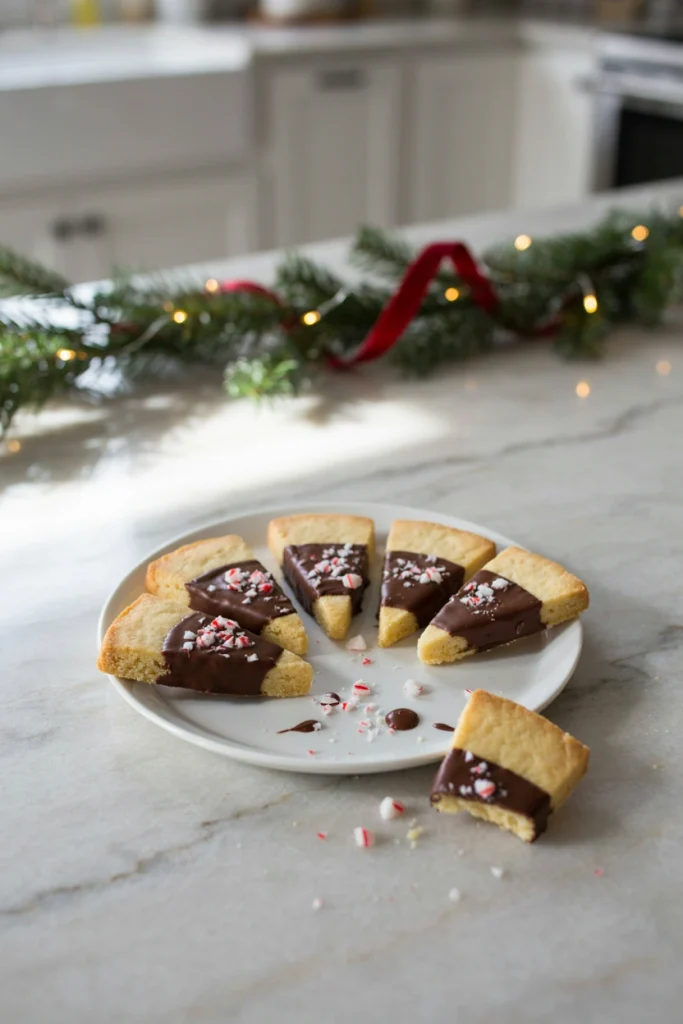 Simple buttery shortbread wedges dipped halfway in dark chocolate and crushed peppermint, arranged on a plate