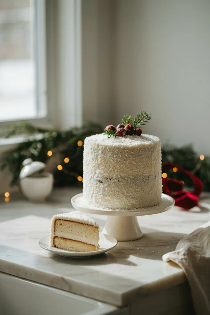 A coconut-covered white cake designed to look like a snow-dusted mound, garnished with sugared cranberries