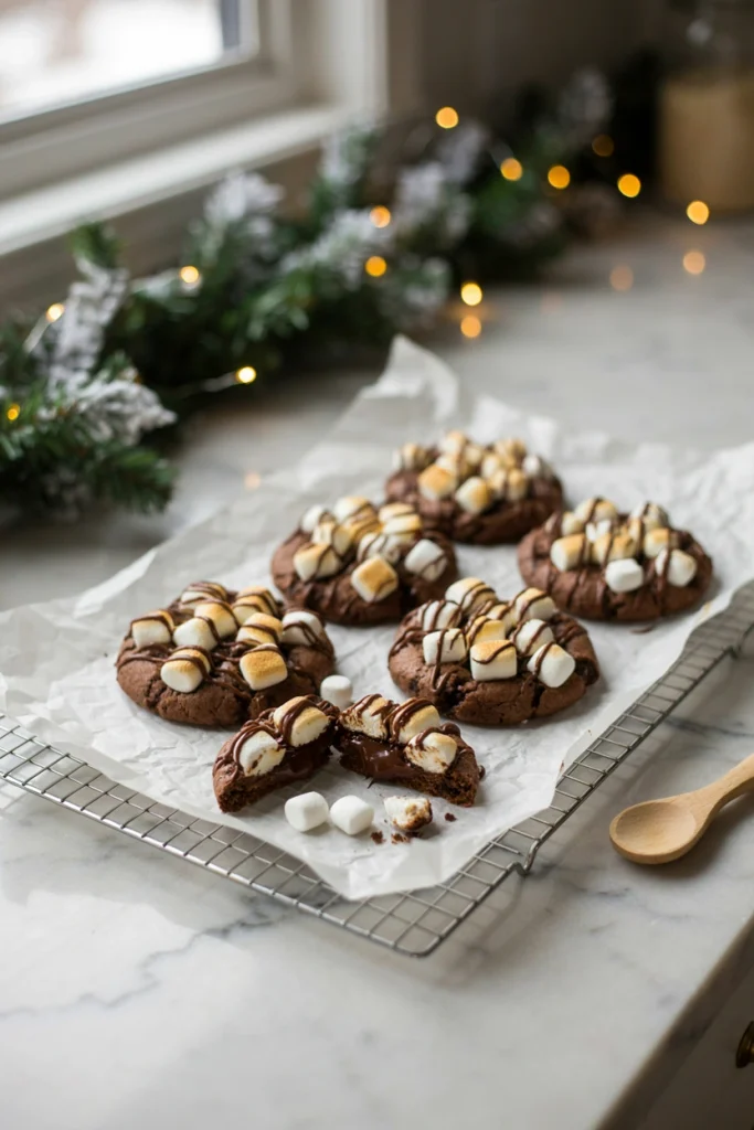 Chocolate cookies topped with a mini marshmallow that's been broiled golden, drizzled with chocolate, resembling a cup of hot cocoa