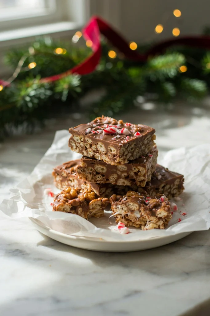 Chocolate-coated Rice Krispie treats swirled with peppermint, topped with crushed candy cane, cut into bars